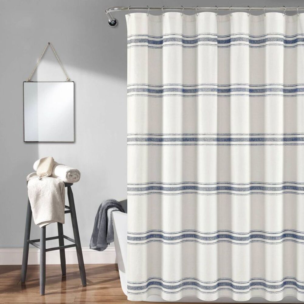 Lush Décor 100% Cotton Farmhouse Striped Bathroom Shower Curtain - Navy Blue